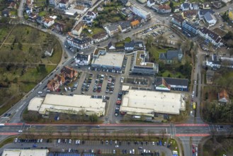 Aerial view, Dortmunder Straße shopping centre with DM, Aldi and Edeka supermarket, Evangelical St.