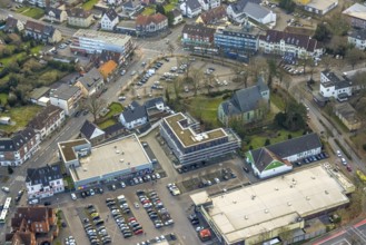 Aerial view, Protestant St. Victor's Church, construction site with new building and car park