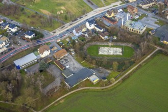 Aerial view, DitiB Ulu Camii Mosque and Barbara Stadium Dortmunder Straße, Herringen district,
