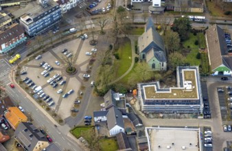 Aerial view, Protestant St. Victor's Church, construction site with new building and car park