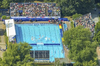 Aerial view, sports park with outdoor swimming pool swimming stadium ASC Dusiburg at Kruppstraße,