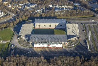 Aerial view, football stadium at the Hafenstraße of the club Rot-Weiß Essen, 3rd Bundesliga,