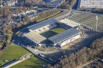 Aerial view, football stadium at the Hafenstraße of the club Rot-Weiß Essen, 3rd Bundesliga,