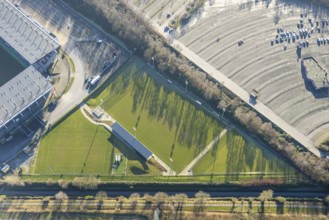 Aerial view, football stadium at the Hafenstraße of the club Rot-Weiß Essen, 3rd Bundesliga,