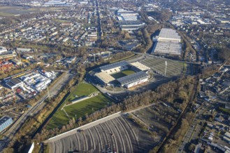 Aerial view, football stadium at the Hafenstraße of the club Rot-Weiß Essen, 3rd Bundesliga,