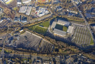 Aerial view, football stadium at the Hafenstraße of the club Rot-Weiß Essen, 3rd Bundesliga,