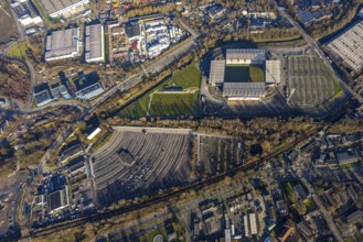 Aerial view, football stadium at the Hafenstraße of the club Rot-Weiß Essen, 3rd Bundesliga,
