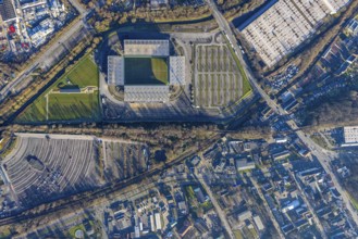 Aerial view, football stadium at the Hafenstraße of the club Rot-Weiß Essen, 3rd Bundesliga,