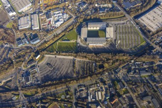 Aerial view, football stadium at the Hafenstraße of the club Rot-Weiß Essen, 3rd Bundesliga,