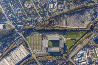 Aerial view, football stadium at the Hafenstraße of the club Rot-Weiß Essen, 3rd Bundesliga,
