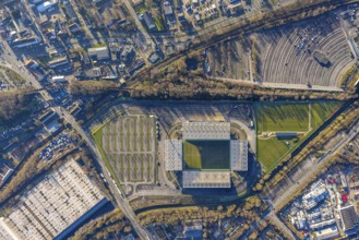 Aerial view, football stadium at the Hafenstraße of the club Rot-Weiß Essen, 3rd Bundesliga,