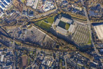 Aerial view, football stadium at the Hafenstraße of the club Rot-Weiß Essen, 3rd Bundesliga,