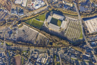 Aerial view, football stadium at the Hafenstraße of the club Rot-Weiß Essen, 3rd Bundesliga,