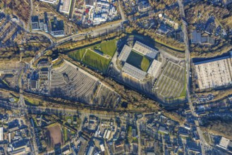 Aerial view, football stadium at the Hafenstraße of the club Rot-Weiß Essen, 3rd Bundesliga,