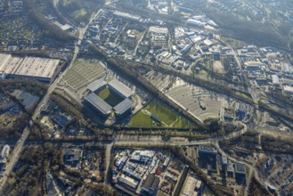 Aerial view, football stadium at the Hafenstraße of the club Rot-Weiß Essen, 3rd Bundesliga,