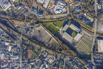 Aerial view, football stadium at the Hafenstraße of the club Rot-Weiß Essen, 3rd Bundesliga,