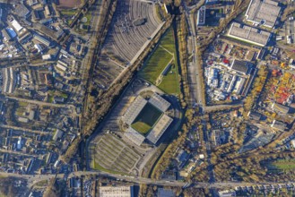 Aerial view, football stadium at the Hafenstraße of the club Rot-Weiß Essen, 3rd Bundesliga,