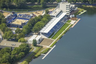 Aerial view, modernisation regatta house and grandstand at the regatta course, Neudorf, Duisburg,