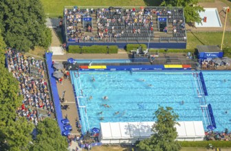 Aerial view, sports park with outdoor swimming pool swimming stadium ASC Dusiburg at Kruppstraße,
