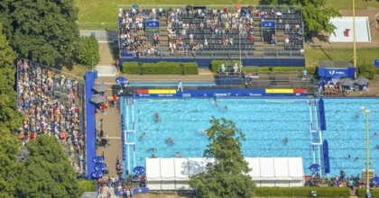 Aerial view, sports park with outdoor swimming pool swimming stadium ASC Dusiburg at Kruppstraße,