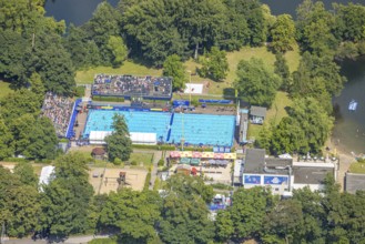 Aerial view, sports park with outdoor swimming pool swimming stadium ASC Dusiburg at Kruppstraße,