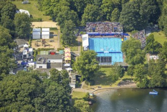 Aerial view, sports park with outdoor swimming pool swimming stadium ASC Dusiburg at Kruppstraße,