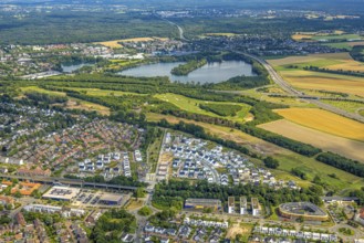 Aerial view, Duisburg-Süd, residential area Angerbogen, Am Alten Angerbach, semi-circular new