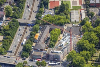 Aerial view, construction site, new building extension at the Abteischule primary school,