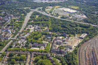 Aerial view, Hamborn municipal park, on the right Helios St. Johannes Klinikum Duisburg at the