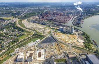 Aerial view, Schwelgern works harbour and thyssenkrupp Steel Europe AG and construction site on the