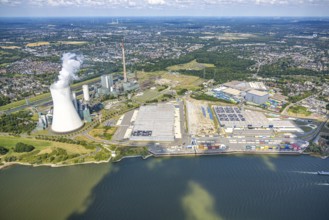 Aerial view, logport VI (six) Walsum, industrial estate and construction site with new building at