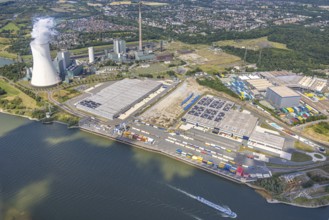 Aerial view, logport VI (six) Walsum, industrial estate and construction site with new building at