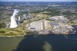 Aerial view, logport VI (six) Walsum, industrial estate and construction site with new building at