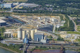 Aerial view, construction site with new construction of electrical switching houses for direct