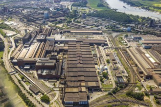 Aerial view, thyssenkrupp Steel Europe - Warmbandwerk, river Rhine, Marxloh, Duisburg, Ruhr area,