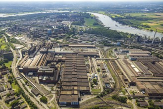 Aerial view, thyssenkrupp Steel Europe - Warmbandwerk, river Rhine, behind Hamborn power station,