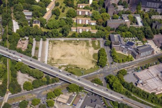 Aerial view, job centre in the former municipal swimming pool, derelict site of the former