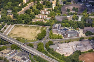 Aerial view, job centre in the former municipal swimming pool, derelict site of the former