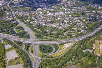 Aerial view, motorway junction Duisburg-Nord with motorway A42 and motorway A59, residential area