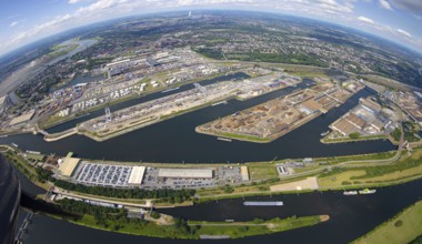 Aerial view, general view Duisburg harbour Ruhrort, globe, fisheye shot, fisheye shot, 360 degree