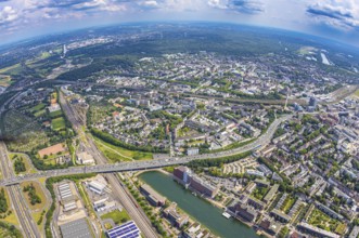 Aerial view, traffic jam on the A59 motorway with bridge over the inner harbour with city view,