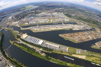Aerial view, general view Duisburg harbour Ruhrort, globe, fisheye shot, fisheye shot, 360 degree