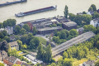 Aerial view, inland navigation on the Rhine at the Schiffersteig, abandoned former factory Schmitz