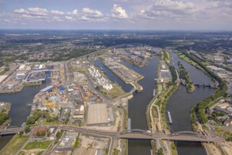 Aerial view, harbour Dusiburg general view, Ruhr weir, distant view and sky with clouds, Ruhrort,