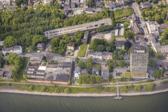 Aerial view, river Rhine and Hotel Rheingarten high-rise, abandoned former factory Schmitz Söhne