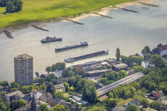 Aerial view, inland navigation on the Rhine past the Hotel Rheingarten high-rise building,