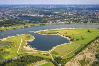 Aerial view, Rhine meadows near Duisburg Homberg, bay on the river Rhine, Alt-Homberg, Duisburg,