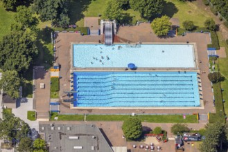 Aerial view, outdoor swimming pool Homberg with swimming pool and bathers, lifeguard with parasol