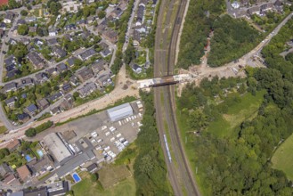Aerial view, construction site with new bridge An der Cölve over railway tracks, Moers-Schwafheim,