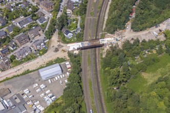 Aerial view, construction site with new bridge An der Cölve over railway tracks, Moers-Schwafheim,